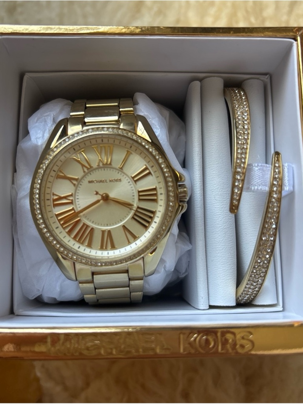 Michael Kors Gold-Tone Crystal Accent Women’s Watch and Bracelet Set